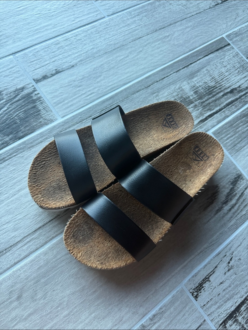 Reef Black Double Strap Cork Platform Slides
